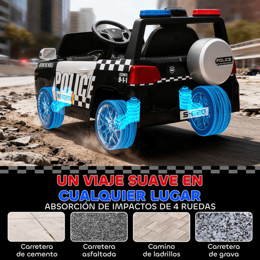 AIYAPLAY Carro Elétrico para Crianças de Polícia Carro a Bateria 12V com Motor Duplo Controlo Remoto 2,4 G Suspensão em 4 Rodas Sirene Faróis LED Porta USB Bluetooth e Música Branco