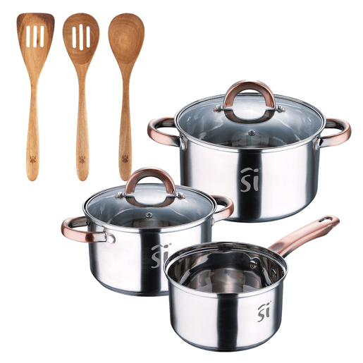 Conjunto de panelas de aço inoxidável de 5 peças Ø16Ø18Ø20, adequado para indução + conjunto de utensílios de cozinha de acácia de 3 peças SMART MasterPRO