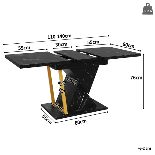 Mesa extensível 110x80x76 cm - Para sala de jantar e cozinha - Extensível até 140 cm - Preto