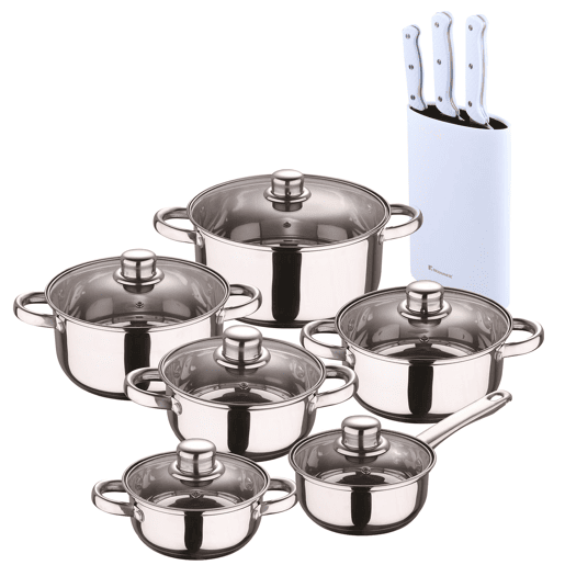 Conjunto de panelas San Ignacio de 12 peças em aço inoxidável com acabamento cromado, coleção Cassel + conjunto de 3 facas de aço inoxidável com cepo Conjunto de panelas San Ignacio de 12 peças em aço inoxidável com acabamento cromado, coleção Cassel + conjunto de 3 facas de aço inoxidável com cepo
