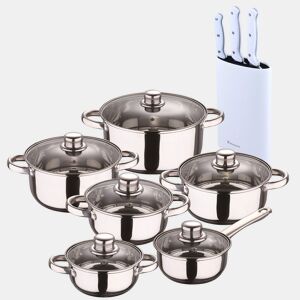 Conjunto de panelas San Ignacio de 12 peças em aço inoxidável com acabamento cromado, coleção Cassel + conjunto de 3 facas de aço inoxidável com cepo