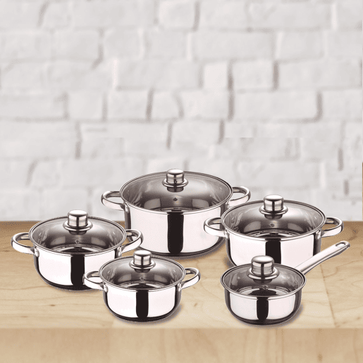 Conjunto de panelas San Ignacio de 12 peças em aço inoxidável com acabamento cromado, coleção Cassel + conjunto de 3 facas de aço inoxidável com cepo Conjunto de panelas San Ignacio de 12 peças em aço inoxidável com acabamento cromado, coleção Cassel + conjunto de 3 facas de aço inoxidável com cepo