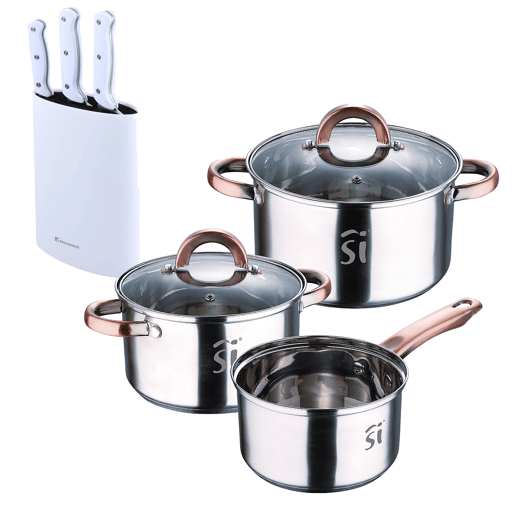 Conjunto de panelas de aço inoxidável de 5 peças (Ø16Ø18Ø20), adequado para fogões de indução + conjunto de facas de aço inoxidável Bergner NATURALLY de 3 peças com cepo