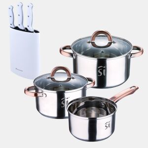 Conjunto de panelas de aço inoxidável de 5 peças (Ø16Ø18Ø20), adequado para fogões de indução + conjunto de facas de aço inoxidável Bergner NATURALLY de 3 peças com cepo