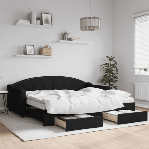 Sofá-cama, Sofá conversível com gavetão e gavetas 90x190 cm tecido preto Sofá-cama, Sofá conversível com gavetão e gavetas 90x190 cm tecido preto