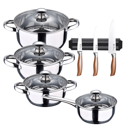 Conjunto de panelas SAN IGNACIO de 7 peças em aço inoxidável, adequado para todos os tipos de fogão + Conjunto de 3 facas com suporte magnético Conjunto de panelas SAN IGNACIO de 7 peças em aço inoxidável, adequado para todos os tipos de fogão + Conjunto de 3 facas com suporte magnético