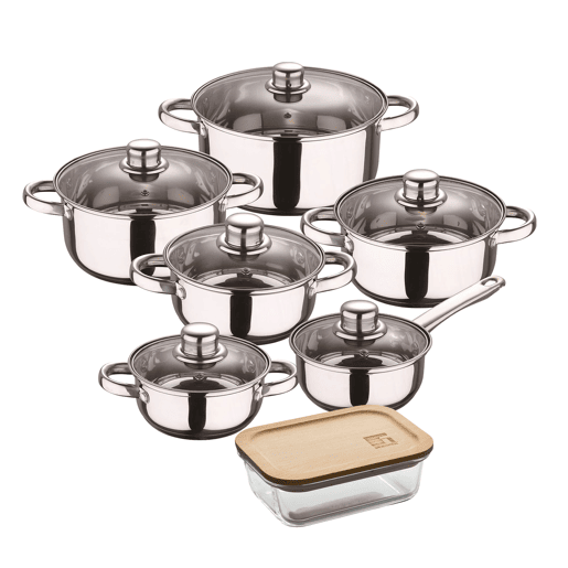 Conjunto de panelas San Ignacio de 12 peças em aço inoxidável com acabamento cromado, coleção Cassel + recipiente hermético de vidro borossilicato de 650 ml Conjunto de panelas San Ignacio de 12 peças em aço inoxidável com acabamento cromado, coleção Cassel + recipiente hermético de vidro borossilicato de 650 ml
