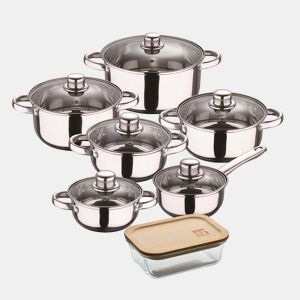 Conjunto de panelas San Ignacio de 12 peças em aço inoxidável com acabamento cromado, coleção Cassel + recipiente hermético de vidro borossilicato de 650 ml