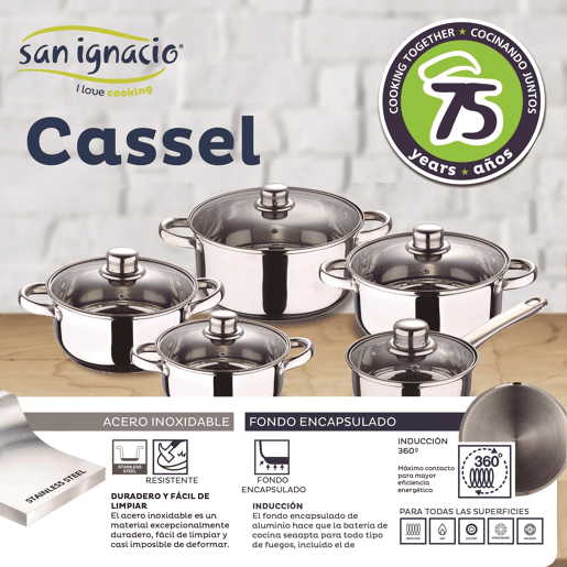 Conjunto de panelas San Ignacio de 12 peças em aço inoxidável com acabamento cromado, coleção Cassel + recipiente hermético de vidro borossilicato de 650 ml Conjunto de panelas San Ignacio de 12 peças em aço inoxidável com acabamento cromado, coleção Cassel + recipiente hermético de vidro borossilicato de 650 ml