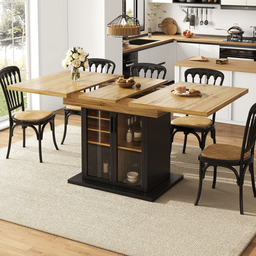 Mesa extensÃvel 110-140x80 cm - Mesa de cozinha dobrável para 4-6 pessoas com prateleira para vinho e porta de vidro - Preta Mesa extensÃvel 110-140x80 cm - Mesa de cozinha dobrável para 4-6 pessoas com prateleira para vinho e porta de vidro - Preta