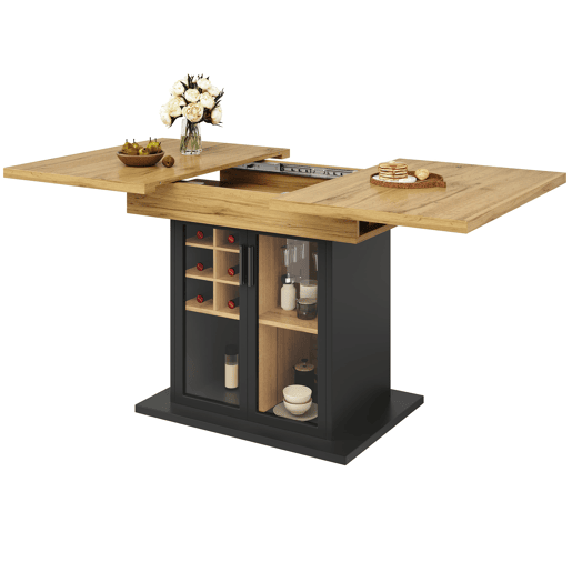 Mesa extensÃvel 110-140x80 cm - Mesa de cozinha dobrável para 4-6 pessoas com prateleira para vinho e porta de vidro - Preta Mesa extensÃvel 110-140x80 cm - Mesa de cozinha dobrável para 4-6 pessoas com prateleira para vinho e porta de vidro - Preta