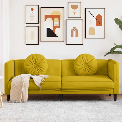 Sofá 3 lugares - Sofá fixo com almofadões veludo amarelo