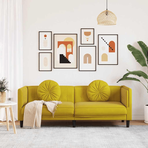 Sofá 3 lugares - Sofá fixo com almofadões veludo amarelo