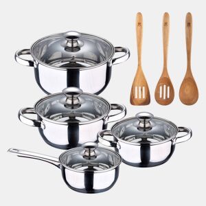 Conjunto de panelas SAN IGNACIO de 7 peças em aço inoxidável, adequado para todos os tipos de fogão + conjunto de utensílios de cozinha de 3 peças