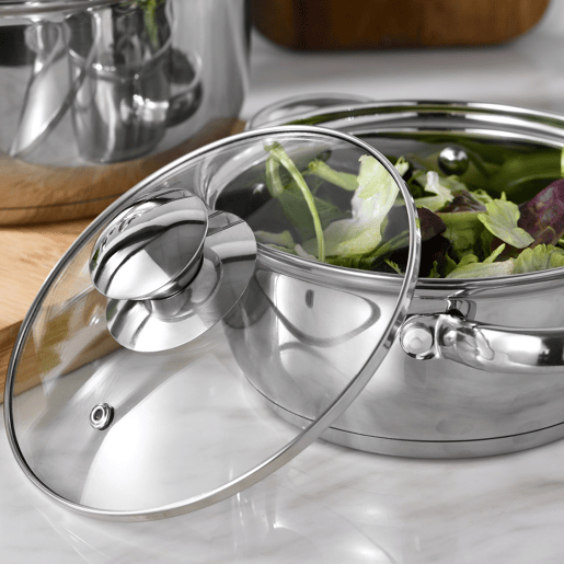Conjunto de panelas SAN IGNACIO de 7 peças em aço inoxidável, adequado para todos os tipos de fogão + conjunto de utensílios de cozinha de 3 peças Conjunto de panelas SAN IGNACIO de 7 peças em aço inoxidável, adequado para todos os tipos de fogão + conjunto de utensílios de cozinha de 3 peças
