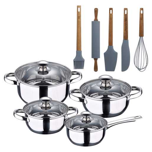 Conjunto de panelas SAN IGNACIO de 7 peças em aço inoxidável, adequado para todos os tipos de fogão + Conjunto de 5 utensílios de cozinha em silicone e madeira Conjunto de panelas SAN IGNACIO de 7 peças em aço inoxidável, adequado para todos os tipos de fogão + Conjunto de 5 utensílios de cozinha em silicone e madeira