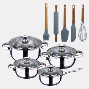 Conjunto de panelas SAN IGNACIO de 7 peças em aço inoxidável, adequado para todos os tipos de fogão + Conjunto de 5 utensílios de cozinha em silicone e madeira
