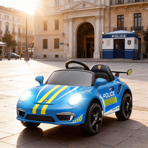 AIYAPLAY Carro Elétrico para Crianças de Polícia Carro a Bateria 12V com Controlo Remoto 2,4 G Motor Duplo Sirene Música Sem Fios Buzina Rodas Auxiliares e Faróis LED 105x58x49 cm Azul