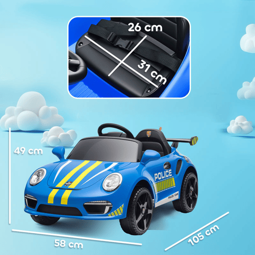 AIYAPLAY Carro Elétrico para Crianças de Polícia Carro a Bateria 12V com Controlo Remoto 2,4 G Motor Duplo Sirene Música Sem Fios Buzina Rodas Auxiliares e Faróis LED 105x58x49 cm Azul
