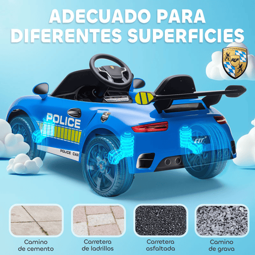 AIYAPLAY Carro Elétrico para Crianças de Polícia Carro a Bateria 12V com Controlo Remoto 2,4 G Motor Duplo Sirene Música Sem Fios Buzina Rodas Auxiliares e Faróis LED 105x58x49 cm Azul