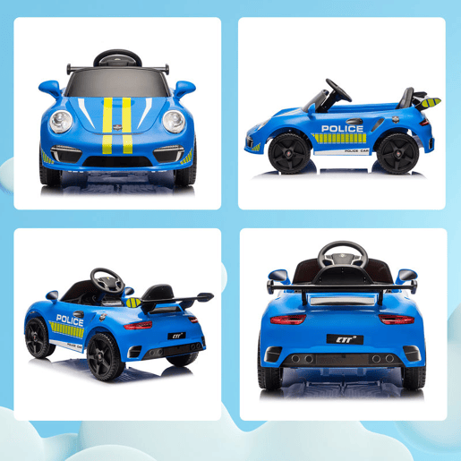 AIYAPLAY Carro Elétrico para Crianças de Polícia Carro a Bateria 12V com Controlo Remoto 2,4 G Motor Duplo Sirene Música Sem Fios Buzina Rodas Auxiliares e Faróis LED 105x58x49 cm Azul