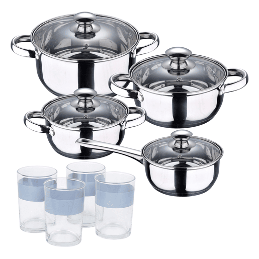 Conjunto de panelas SAN IGNACIO Faro de 7 peças em aço inoxidável, adequado para todos os tipos de fogão + Conjunto de 4 copos NOIA San Ignacio de 0,5L Conjunto de panelas SAN IGNACIO Faro de 7 peças em aço inoxidável, adequado para todos os tipos de fogão + Conjunto de 4 copos NOIA San Ignacio de 0,5L