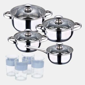 Conjunto de panelas SAN IGNACIO Faro de 7 peças em aço inoxidável, adequado para todos os tipos de fogão + Conjunto de 4 copos NOIA San Ignacio de 0,5L