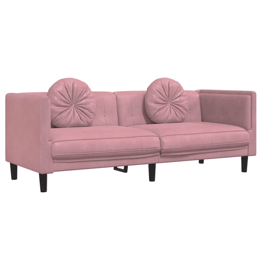 Sofá 3 lugares - Sofá fixo com almofadões veludo rosa Sofá 3 lugares - Sofá fixo com almofadões veludo rosa