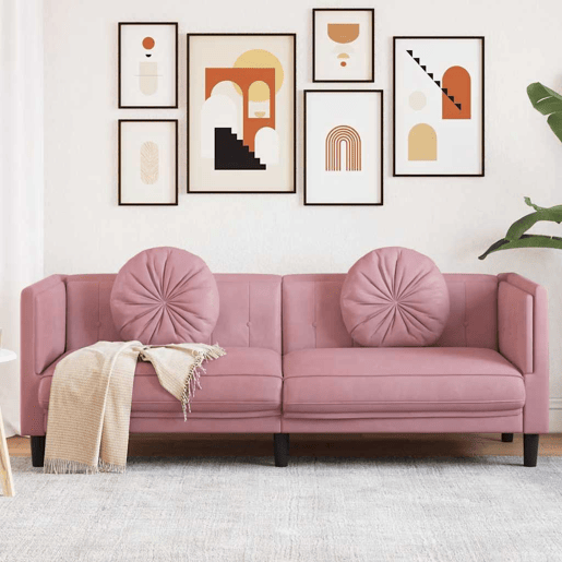 Sofá 3 lugares - Sofá fixo com almofadões veludo rosa Sofá 3 lugares - Sofá fixo com almofadões veludo rosa