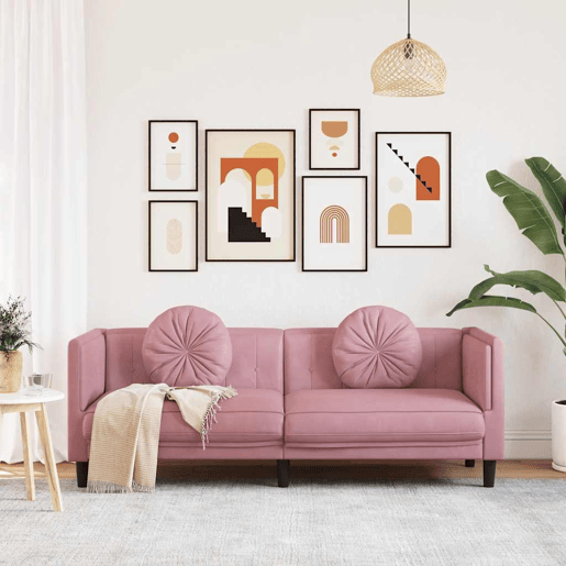 Sofá 3 lugares - Sofá fixo com almofadões veludo rosa Sofá 3 lugares - Sofá fixo com almofadões veludo rosa