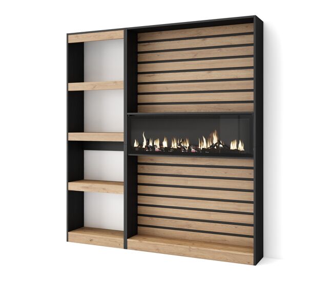 Librería estantería chimenea eléctrica color roble/negro, 170x186x25cm