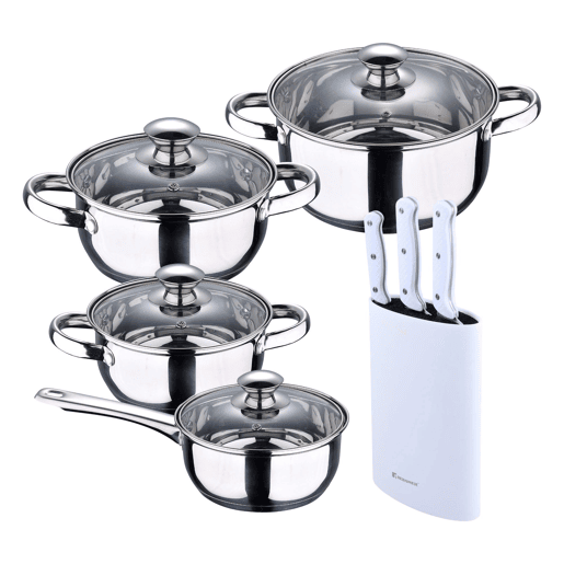Conjunto de panelas SAN IGNACIO de 7 peças em aço inoxidável, adequado para todos os tipos de fogão + Conjunto de 3 facas com cabos de aço inoxidável