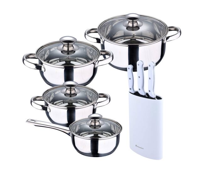 Batería de cocina 7 piezas san ignacio fabricada en acero inoxidable apta para todo tipo de fuegos+set de 3 cuchillos con tacoma en acero inoxidable