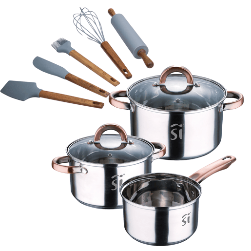 Conjunto de panelas de aço inoxidável de 5 peças (Ø16, Ø18, Ø20 cm), adequadas para indução + conjunto de utensílios de cozinha de silicone e madeira de acácia de 5 peças da NOIA San Ignacio