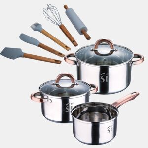 Conjunto de panelas de aço inoxidável de 5 peças (Ø16, Ø18, Ø20 cm), adequadas para indução + conjunto de utensílios de cozinha de silicone e madeira de acácia de 5 peças da NOIA San Ignacio