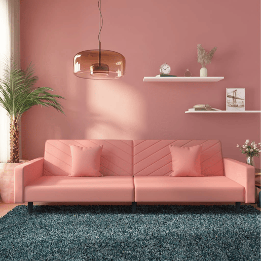 Sofá-cama, Sofá conversível 2 lugares com duas almofadas veludo rosa