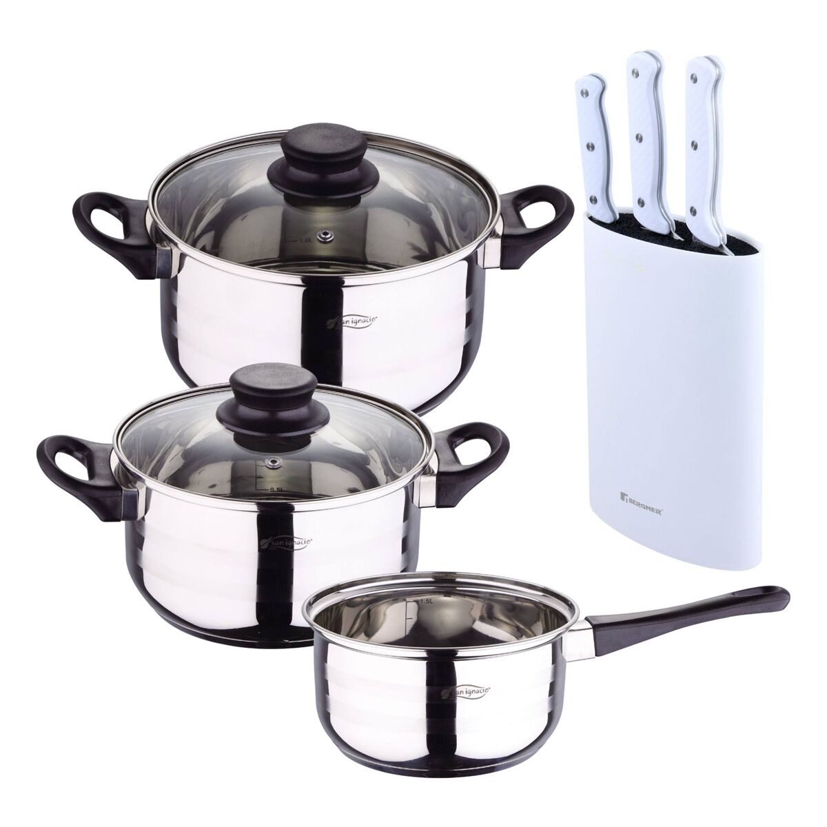 Set de baterías de cocina toledo 5pc aptas para inducción+ bergner naturally set de 3 cuchillos con tacoma en acero inoxidable
