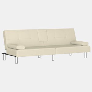 Sofá-cama, Sofá conversível com suporte para copos couro artificial cor creme