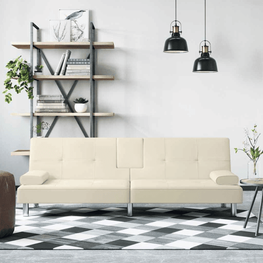 Sofá-cama, Sofá conversível com suporte para copos couro artificial cor creme