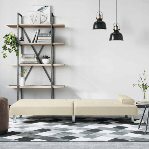 Sofá-cama, Sofá conversível com suporte para copos couro artificial cor creme