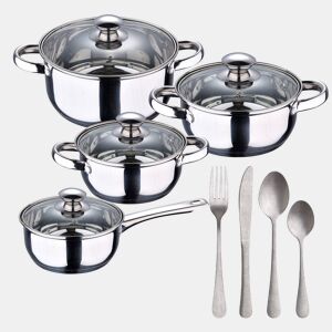 Conjunto de panelas SAN IGNACIO de 7 peças em aço inoxidável, adequado para todos os tipos de fogão + conjunto de talheres de 16 peças em aço inoxidável