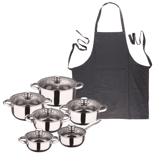 Conjunto de panelas San Ignacio de 12 peças em aço inoxidável com acabamento cromado, coleção Cassel + Avental de cozinha cinza escuro 100% algodão 75x80cm Conjunto de panelas San Ignacio de 12 peças em aço inoxidável com acabamento cromado, coleção Cassel + Avental de cozinha cinza escuro 100% algodão 75x80cm