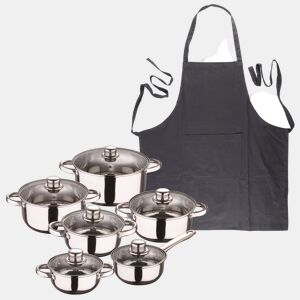 Conjunto de panelas San Ignacio de 12 peças em aço inoxidável com acabamento cromado, coleção Cassel + Avental de cozinha cinza escuro 100% algodão 75x80cm