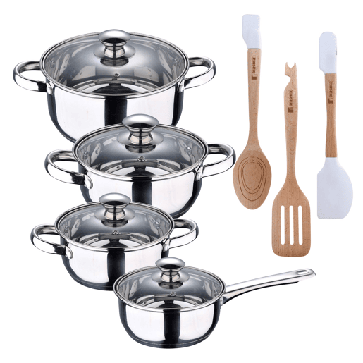 Conjunto de panelas de 7 peças em aço inoxidável, adequado para todos os tipos de fogão + Conjunto de 3 utensílios de cozinha em silicone e madeira Conjunto de panelas de 7 peças em aço inoxidável, adequado para todos os tipos de fogão + Conjunto de 3 utensílios de cozinha em silicone e madeira