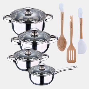 Conjunto de panelas de 7 peças em aço inoxidável, adequado para todos os tipos de fogão + Conjunto de 3 utensílios de cozinha em silicone e madeira