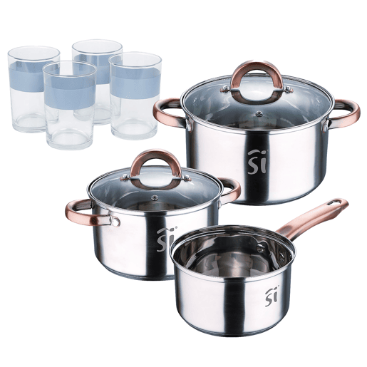 Conjunto de panelas de aço inoxidável de 5 peças (Ø16, Ø18, Ø20), adequadas para fogões de indução + Conjunto de 4 copos de 0,5L NOIA San Ignacio