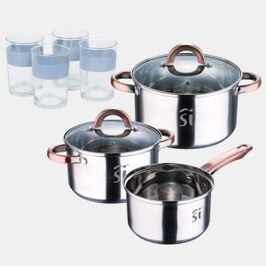 Conjunto de panelas de aço inoxidável de 5 peças (Ø16, Ø18, Ø20), adequadas para fogões de indução + Conjunto de 4 copos de 0,5L NOIA San Ignacio
