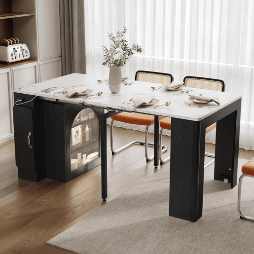 Ilha de cozinha com rodas, mesa de jantar extensível com tampo removível - Carrinho móvel com tomadas - Branco e Preto