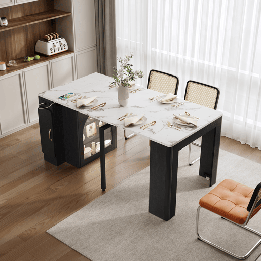 Ilha de cozinha com rodas, mesa de jantar extensível com tampo removível - Carrinho móvel com tomadas - Branco e Preto