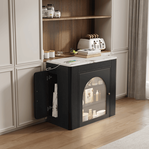 Ilha de cozinha com rodas, mesa de jantar extensível com tampo removível - Carrinho móvel com tomadas - Branco e Preto